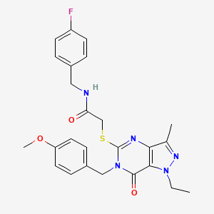 molecular formula C25H26FN5O3S B2447504 2-({1-乙基-6-[(4-甲氧苯基)甲基]-3-甲基-7-氧代-1H,6H,7H-吡唑并[4,3-d]嘧啶-5-基}硫代)-N-[(4-氟苯基)甲基]乙酰胺 CAS No. 1358683-91-6
