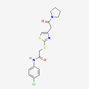 molecular formula C17H18ClN3O2S2 B2447618 N-(4-chlorophenyl)-2-((4-(2-oxo-2-(pyrrolidin-1-yl)ethyl)thiazol-2-yl)thio)acetamide CAS No. 954017-49-3