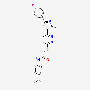 molecular formula C25H23FN4OS2 B2447706 2-((6-(2-(4-fluorophenyl)-4-methylthiazol-5-yl)pyridazin-3-yl)thio)-N-(4-isopropylphenyl)acetamide CAS No. 923172-82-1