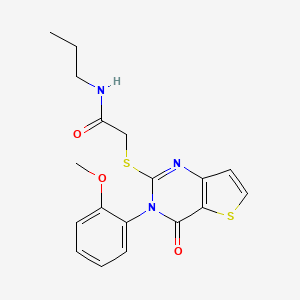 molecular formula C18H19N3O3S2 B2447714 2-{[3-(2-methoxyphenyl)-4-oxo-3,4-dihydrothieno[3,2-d]pyrimidin-2-yl]sulfanyl}-N-propylacetamide CAS No. 1291857-29-8