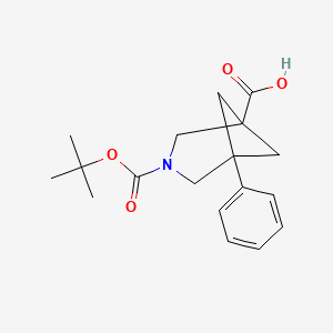 molecular formula C18H23NO4 B2447915 3-[(2-Methylpropan-2-yl)oxycarbonyl]-5-phenyl-3-azabicyclo[3.1.1]heptane-1-carboxylic acid CAS No. 2490430-38-9