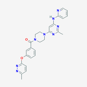 molecular formula C26H26N8O2 B2447983 (4-(2-Methyl-6-(pyridin-2-ylamino)pyrimidin-4-yl)piperazin-1-yl)(3-((6-methylpyridazin-3-yl)oxy)phenyl)methanone CAS No. 1421524-98-2
