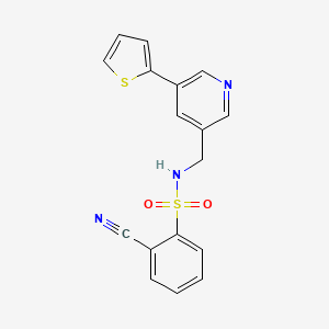 molecular formula C17H13N3O2S2 B2448039 2-cyano-N-((5-(thiophen-2-yl)pyridin-3-yl)methyl)benzenesulfonamide CAS No. 2034487-79-9