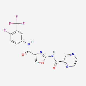 molecular formula C16H9F4N5O3 B2448235 N-(4-fluoro-3-(trifluoromethyl)phenyl)-2-(pyrazine-2-carboxamido)oxazole-4-carboxamide CAS No. 1396683-07-0
