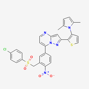 7-[3-[(4-Chlorophenyl)sulfonylmethyl]-4-nitrophenyl]-2-[3-(2,5-dimethylpyrrol-1-yl)thiophen-2-yl]pyrazolo[1,5-a]pyrimidine