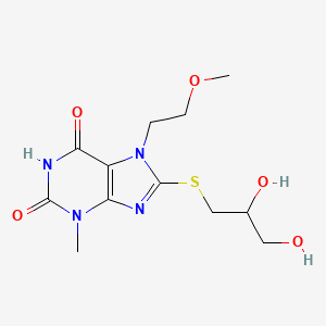 molecular formula C12H18N4O5S B2448362 8-((2,3-dihydroxypropyl)thio)-7-(2-methoxyethyl)-3-methyl-1H-purine-2,6(3H,7H)-dione CAS No. 930927-57-4
