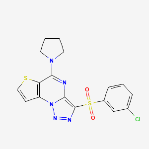 molecular formula C17H14ClN5O2S2 B2448386 3-[(3-Chlorophenyl)sulfonyl]-5-(1-pyrrolidinyl)thieno[2,3-e][1,2,3]triazolo[1,5-a]pyrimidine CAS No. 899965-08-3