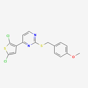 molecular formula C16H12Cl2N2OS2 B2448398 4-(2,5-Dichlorothiophen-3-yl)-2-[(4-methoxyphenyl)methylsulfanyl]pyrimidine CAS No. 338750-36-0