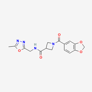 molecular formula C16H16N4O5 B2448452 1-(苯并[d][1,3]二氧杂环-5-羰基)-N-((5-甲基-1,3,4-恶二唑-2-基)甲基)氮杂环丁烷-3-甲酰胺 CAS No. 1396687-12-9