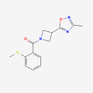 molecular formula C14H15N3O2S B2448457 (3-(3-Methyl-1,2,4-oxadiazol-5-yl)azetidin-1-yl)(2-(methylthio)phenyl)methanone CAS No. 1286698-28-9