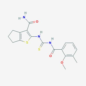 molecular formula C18H19N3O3S2 B244846 2-({[(2-methoxy-3-methylbenzoyl)amino]carbothioyl}amino)-5,6-dihydro-4H-cyclopenta[b]thiophene-3-carboxamide 