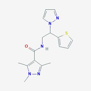 molecular formula C16H19N5OS B2448467 N-(2-(1H-pyrazol-1-yl)-2-(thiophen-2-yl)ethyl)-1,3,5-trimethyl-1H-pyrazole-4-carboxamide CAS No. 2034542-46-4