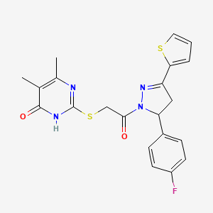 molecular formula C21H19FN4O2S2 B2448479 2-((2-(5-(4-fluorophenyl)-3-(thiophen-2-yl)-4,5-dihydro-1H-pyrazol-1-yl)-2-oxoethyl)thio)-5,6-dimethylpyrimidin-4(3H)-one CAS No. 922829-17-2