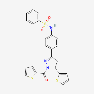 molecular formula C24H19N3O3S3 B2448488 N-{4-[5-(thiophen-2-yl)-1-(thiophene-2-carbonyl)-4,5-dihydro-1H-pyrazol-3-yl]phenyl}benzenesulfonamide CAS No. 867042-53-3