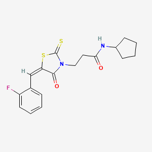 molecular formula C18H19FN2O2S2 B2448489 N-cyclopentyl-3-[(5E)-5-[(2-fluorophenyl)methylidene]-4-oxo-2-sulfanylidene-1,3-thiazolidin-3-yl]propanamide CAS No. 463975-21-5