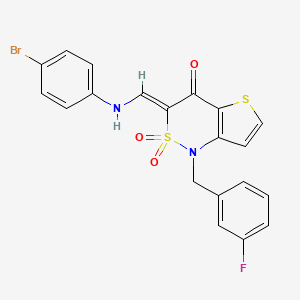molecular formula C20H14BrFN2O3S2 B2448507 (Z)-3-(((4-bromophenyl)amino)methylene)-1-(3-fluorobenzyl)-1H-thieno[3,2-c][1,2]thiazin-4(3H)-one 2,2-dioxide CAS No. 894685-64-4
