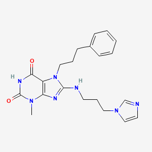 molecular formula C21H25N7O2 B2448618 8-{[3-(1H-imidazol-1-yl)propyl]amino}-3-methyl-7-(3-phenylpropyl)-3,7-dihydro-1H-purine-2,6-dione CAS No. 476481-99-9