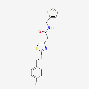 molecular formula C17H15FN2OS3 B2448632 2-(2-((4-fluorobenzyl)thio)thiazol-4-yl)-N-(thiophen-2-ylmethyl)acetamide CAS No. 941875-35-0