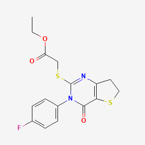 molecular formula C16H15FN2O3S2 B2448633 Ethyl 2-((3-(4-fluorophenyl)-4-oxo-3,4,6,7-tetrahydrothieno[3,2-d]pyrimidin-2-yl)thio)acetate CAS No. 362501-43-7