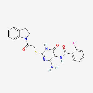 molecular formula C21H18FN5O3S B2448636 N-(4-氨基-2-((2-(吲哚-1-基)-2-氧代乙基)硫代)-6-氧代-1,6-二氢嘧啶-5-基)-2-氟苯甲酰胺 CAS No. 872597-23-4