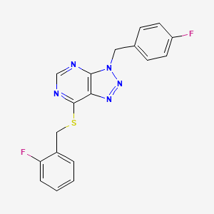 molecular formula C18H13F2N5S B2448687 3-[(4-Fluorophenyl)methyl]-7-[(2-fluorophenyl)methylsulfanyl]triazolo[4,5-d]pyrimidine CAS No. 863458-24-6