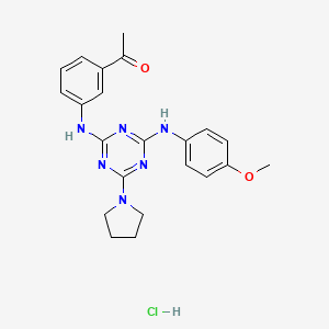 molecular formula C22H25ClN6O2 B2448699 1-(3-((4-((4-Methoxyphenyl)amino)-6-(pyrrolidin-1-yl)-1,3,5-triazin-2-yl)amino)phenyl)ethanone hydrochloride CAS No. 1179383-10-8