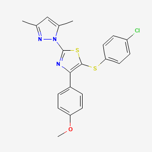 molecular formula C21H18ClN3OS2 B2448759 5-(4-Chlorophenyl)sulfanyl-2-(3,5-dimethylpyrazol-1-yl)-4-(4-methoxyphenyl)-1,3-thiazole CAS No. 956573-31-2