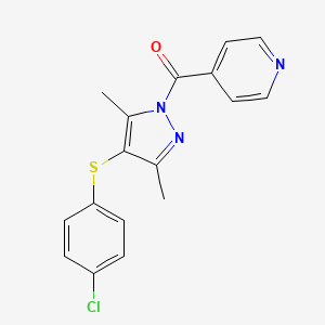 molecular formula C17H14ClN3OS B2448774 4-{4-[(4-chlorophenyl)sulfanyl]-3,5-dimethyl-1H-pyrazole-1-carbonyl}pyridine CAS No. 380871-41-0