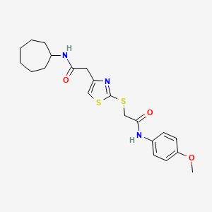 molecular formula C21H27N3O3S2 B2448788 N-环庚基-2-(2-((2-((4-甲氧基苯基)氨基)-2-氧代乙基)硫代)噻唑-4-基)乙酰胺 CAS No. 941938-07-4