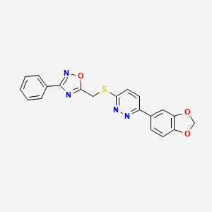 molecular formula C20H14N4O3S B2448837 3-(1,3-Benzodioxol-5-yl)-6-{[(3-phenyl-1,2,4-oxadiazol-5-yl)methyl]thio}pyridazine CAS No. 1111290-58-4