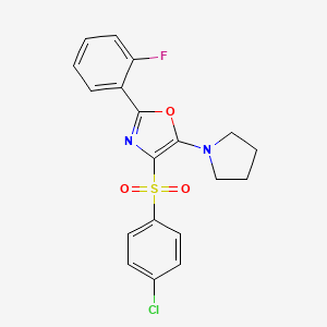 molecular formula C19H16ClFN2O3S B2448875 4-((4-Chlorophenyl)sulfonyl)-2-(2-fluorophenyl)-5-(pyrrolidin-1-yl)oxazole CAS No. 862799-04-0