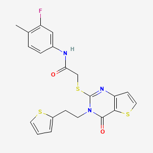 molecular formula C21H18FN3O2S3 B2448903 N-(3-fluoro-4-methylphenyl)-2-({4-oxo-3-[2-(thiophen-2-yl)ethyl]-3,4-dihydrothieno[3,2-d]pyrimidin-2-yl}sulfanyl)acetamide CAS No. 1260985-17-8
