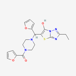 molecular formula C20H21N5O4S B2448939 (4-((2-Ethyl-6-hydroxythiazolo[3,2-b][1,2,4]triazol-5-yl)(furan-2-yl)methyl)piperazin-1-yl)(furan-2-yl)methanone CAS No. 886915-74-8