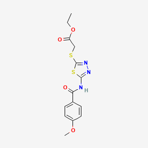 molecular formula C14H15N3O4S2 B2449204 Ethyl 2-((5-(4-methoxybenzamido)-1,3,4-thiadiazol-2-yl)thio)acetate CAS No. 392318-13-7