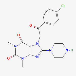 molecular formula C19H21ClN6O3 B2449228 7-(2-(4-氯苯基)-2-氧代乙基)-1,3-二甲基-8-(哌嗪-1-基)-1H-嘌呤-2,6(3H,7H)-二酮 CAS No. 331671-64-8
