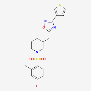 molecular formula C19H20FN3O3S2 B2449291 5-((1-((4-Fluoro-2-methylphenyl)sulfonyl)piperidin-3-yl)methyl)-3-(thiophen-3-yl)-1,2,4-oxadiazole CAS No. 1798639-21-0