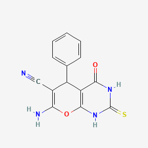 molecular formula C14H10N4O2S B2449319 7-Amino-4-oxo-5-phenyl-2-thioxo-1,3,5,8-tetrahydro-8-oxaquinazoline-6-carbonitrile CAS No. 112434-50-1