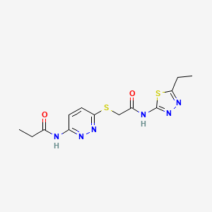 molecular formula C13H16N6O2S2 B2449326 N-(6-((2-((5-ethyl-1,3,4-thiadiazol-2-yl)amino)-2-oxoethyl)thio)pyridazin-3-yl)propionamide CAS No. 1021106-64-8