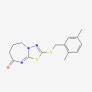 molecular formula C15H17N3OS2 B2449408 2-((2,5-dimethylbenzyl)thio)-6,7-dihydro-[1,3,4]thiadiazolo[3,2-a][1,3]diazepin-8(5H)-one CAS No. 450346-51-7