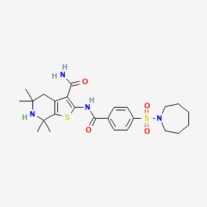 molecular formula C25H34N4O4S2 B2449435 2-(4-(氮杂环庚-1-基磺酰基)苯甲酰胺)-5,5,7,7-四甲基-4,5,6,7-四氢噻吩并[2,3-c]吡啶-3-甲酰胺 CAS No. 681439-16-7