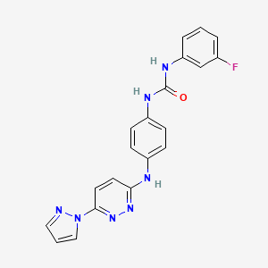 molecular formula C20H16FN7O B2449551 1-(4-((6-(1H-吡唑-1-基)吡啶并[3,4-d]嘧啶-3-基)氨基)苯基)-3-(3-氟苯基)脲 CAS No. 1013836-02-6