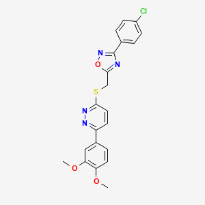 molecular formula C21H17ClN4O3S B2449570 3-(4-Chlorophenyl)-5-(((6-(3,4-dimethoxyphenyl)pyridazin-3-yl)thio)methyl)-1,2,4-oxadiazole CAS No. 1111290-74-4