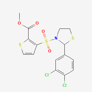 molecular formula C15H13Cl2NO4S3 B2449578 Methyl 3-((2-(3,4-dichlorophenyl)thiazolidin-3-yl)sulfonyl)thiophene-2-carboxylate CAS No. 2034263-50-6