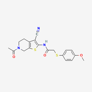 molecular formula C19H19N3O3S2 B2449586 N-(6-acetyl-3-cyano-4,5,6,7-tetrahydrothieno[2,3-c]pyridin-2-yl)-2-((4-methoxyphenyl)thio)acetamide CAS No. 941901-44-6