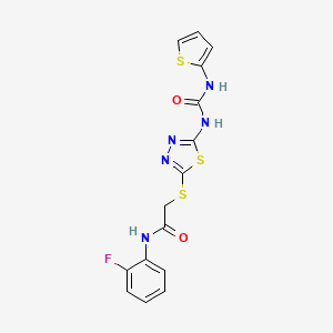 molecular formula C15H12FN5O2S3 B2449598 N-(2-fluorophenyl)-2-((5-(3-(thiophen-2-yl)ureido)-1,3,4-thiadiazol-2-yl)thio)acetamide CAS No. 1002042-10-5
