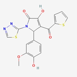 molecular formula C18H13N3O5S2 B2449642 3-hydroxy-5-(4-hydroxy-3-methoxyphenyl)-1-(1,3,4-thiadiazol-2-yl)-4-(thiophene-2-carbonyl)-1H-pyrrol-2(5H)-one CAS No. 307541-63-5