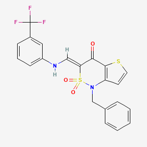 molecular formula C21H15F3N2O3S2 B2449652 (3Z)-1-benzyl-3-({[3-(trifluoromethyl)phenyl]amino}methylene)-1H-thieno[3,2-c][1,2]thiazin-4(3H)-one 2,2-dioxide CAS No. 894669-84-2