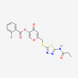 4-oxo-6-(((5-propionamido-1,3,4-thiadiazol-2-yl)thio)methyl)-4H-pyran-3-yl 2-fluorobenzoate