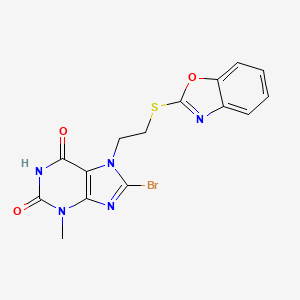 molecular formula C15H12BrN5O3S B2449767 7-(2-Benzoxazol-2-ylthioethyl)-8-bromo-3-methyl-1,3,7-trihydropurine-2,6-dione CAS No. 303972-92-1