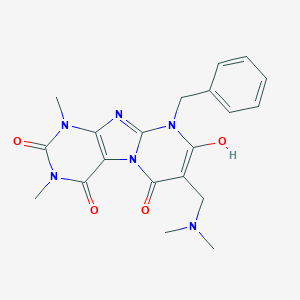 molecular formula C20H22N6O4 B024498 Pyrimido[2,1-f]purine-2,4,8(1H,3H,9H)-trione,  7-[(dimethylamino)methylene]-6,7-dihydro-6-hydroxy-1, CAS No. 102212-90-8